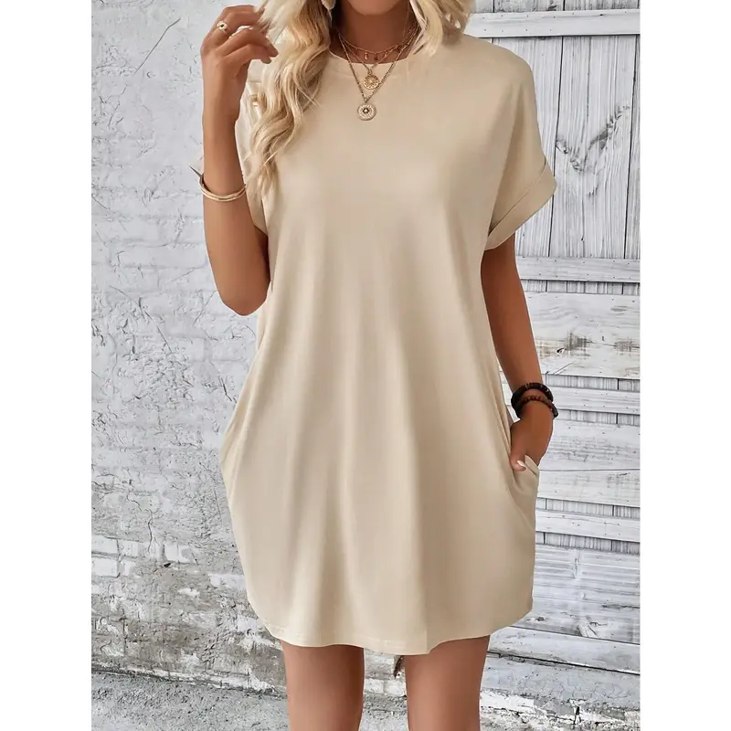 INAWLY Solid Batwing Sleeve Hidden Pocket Tee Dress Casual Womenswear Summer Comfort Apricot Basic Minimalist Shortsleeve 5