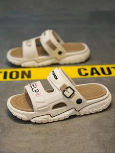 Men's Colorblock PU Leather Slides, Casual Comfortable Non-slip Slippers for Indoor Outdoor Beach, All-match Soft Slippers for Daily Wear, Boy