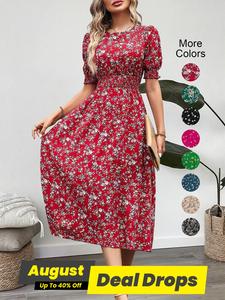 Women's Ditsy Floral Print Frill Trim Shirred Keyhole Back Puff Sleeve Dress, Bohemian Boho Romantic Short Sleeve Round Neck A Line Midi Dress for Beach Vacation Holiday Wedding Guest, Ladies Summer Clothes