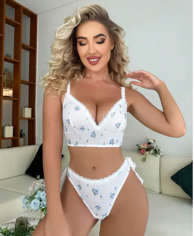 Floral Print Lace Trim Lingerie Set, a seductive Bra & Panty Set for women for daily use 4