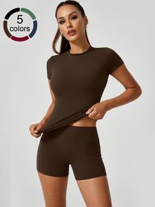 Two-piece Set Women's Solid Top & High Waist Shorts Tracksuit Set, Sporty Casual Breathable Sportswear Set for Yoga Gym Workout Running, Ladies Summer Sportswear, Athleisure Wear Set, Workout Running Clothes