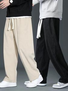 Men's Solid Pocket Drawstring Waist Corduroy Pants, Casual Comfy Straight Leg Trousers for Fall & Winter, Men's Bottoms for Daily Wear