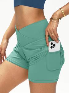 Women's 2 in 1 Solid Color Cross Waist Sports Shorts, Casual Comfy Breathable Quick Drying Pocket Skinny Shorts for Yoga Gym Workout Running, Ladies Sportswear for Spring & Fall, Athletic Shorts
