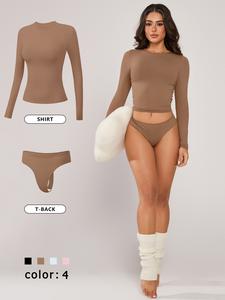 Women's Solid Long Sleeve Tee & Panty Set, Casual Comfy Breathable T-shirt & Panty Set for Daily Wear, Ladies Sleepwear for All Seasons, Pajama, Womenswear