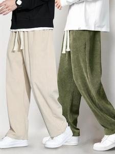 Men's Solid Drawstring Waist Corduroy Pants, Casual Comfy Pocket Straight Leg Trousers for Fall & Winter, Men's Bottoms for Daily Wear