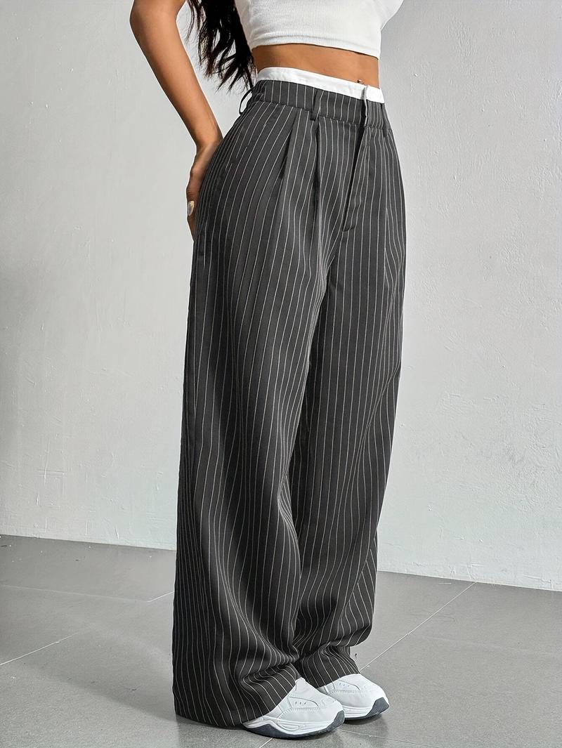 Product Introduction of Women's High-Waist Striped Wide-Leg Blazer Pants - Navy Blue & White Vertical Stripes, Polyester, Casual Style, Machine Washable, Spring/Summer/Fall Wear, Versatile Legwear | Wideleg Design | Glossy Texture, Wide Leg Pants 3