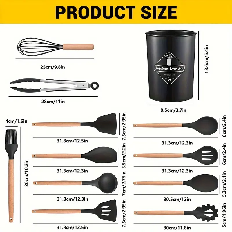 Kitchen Cooking Utensil Set, 12 Pcs Silicone Kitchen Cooking Utensil Set with Utensil Holder, Heat Resistant Non Stick Cooking Tool, Summer for Gift, Wooden, Handles 4
