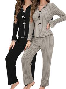 Women's Contrast Binding Lettuce Trim Pajama Set, Casual Bow Decor Flounce Sleeve Collared Top & PJ Pants, Women's Sleepwear for Spring & Fall, Pyjamas for Women