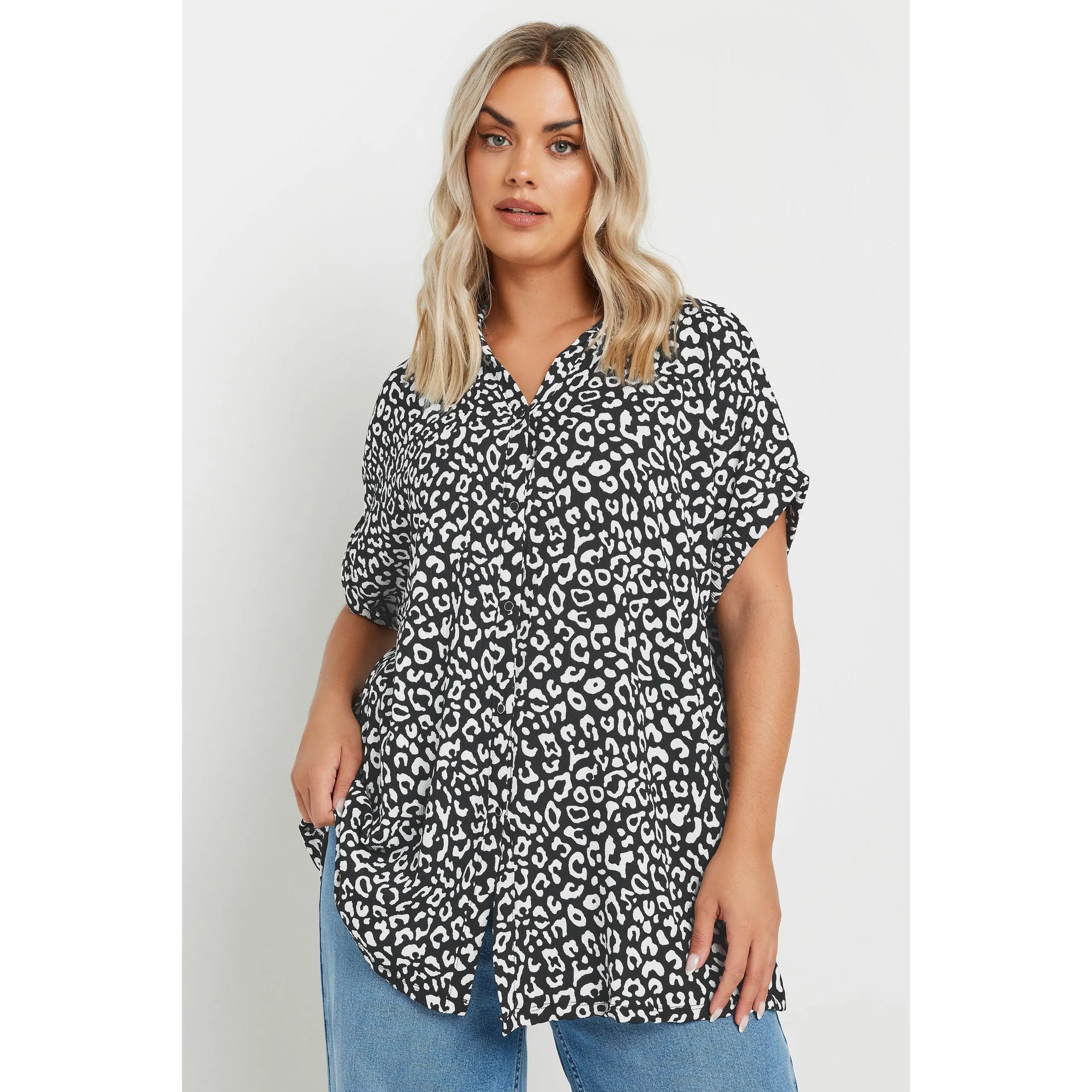 YOURS Curve Black & White Leopard Print Crinkle Shirt