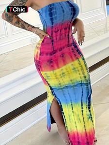 Women's All Over Print Split Hem Sleeveless Bodycon Dress, Summer Clothes Women, Casual Strapless Long Dress for Summer, Fashion Women's Clothing for Beach Holiday, Womenswear