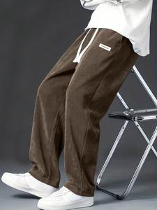 Men's Letter Print Drawstring Waist Corduroy Pants, Loose Casual Comfy Straight Leg Trousers for Fall & Winter, Men's Bottoms for Daily Wear