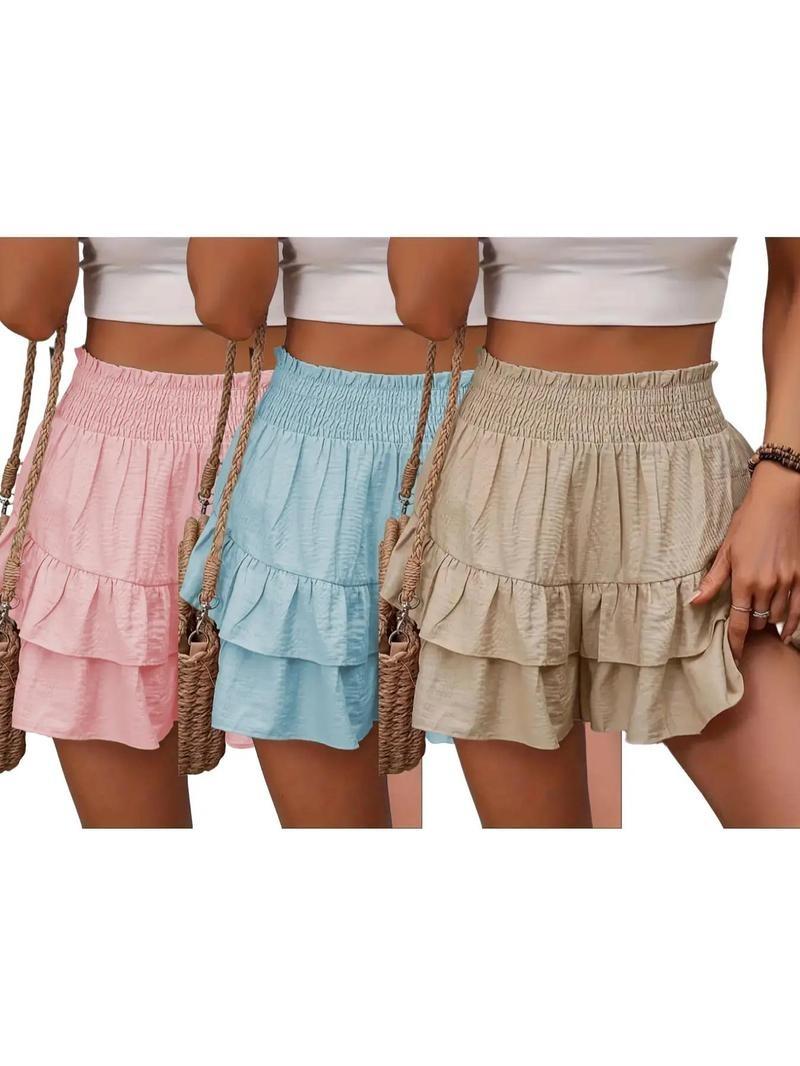 Product Introduction of Women's Frill Trim Ruffle Hem Shirred Shorts, Boho Casual Shorts for Spring & Summer, Summer Shorts for Women, Back To School, Ladies Elegance Minimalist Shorts, Wide Leg Shorts for Women, Ruffle Shorts, Going Out Bottoms 15