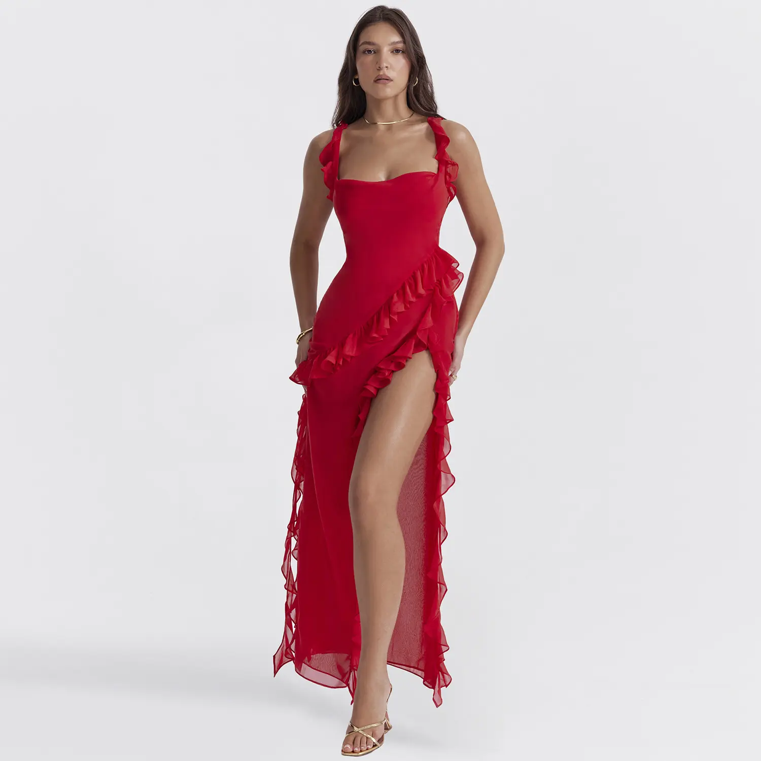 Townlike Ruffles Elegant Long Maxi Dress Women 2025 Summer Dress High Split Spaghetti Strap V Neck Nightclub Sexy Party Dresses