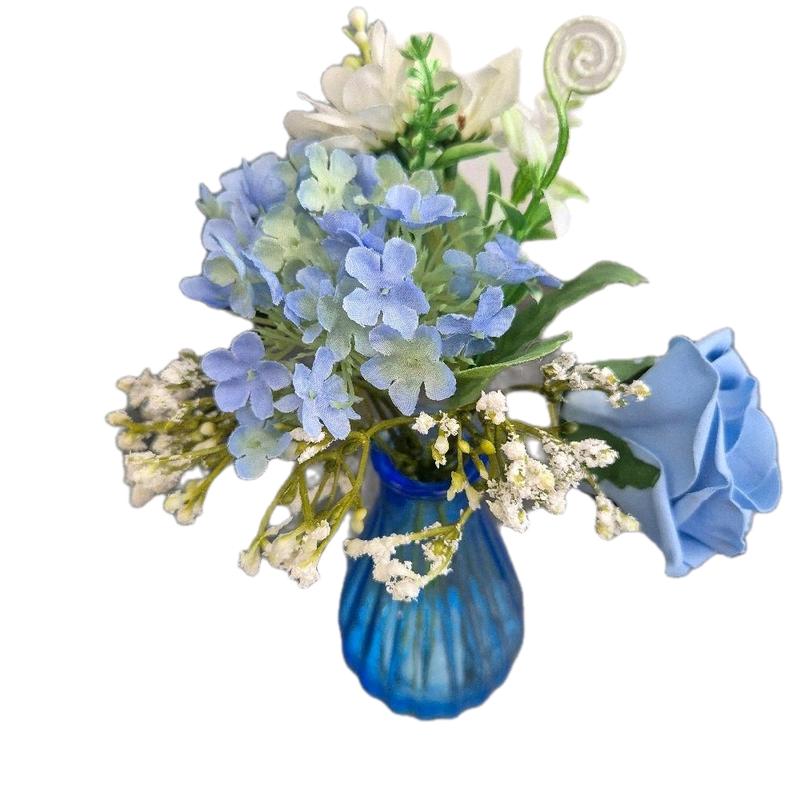 Mini Blue and Lilac Faux Flowers Artificial Ornaments in Vase - Decorative Home Gift - Plants bud vases 0