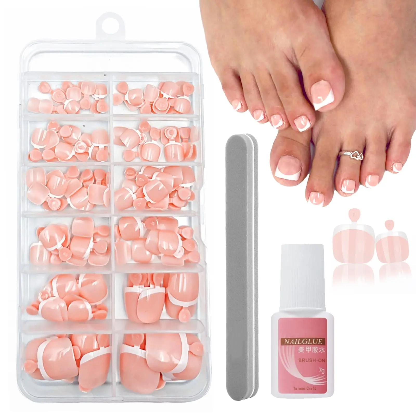 Fake Toe Nails Set - 120PCS Short Square French False Toenails Kit - Nude French Tip Stick On Toenails - Glossy Full Cover Acrylic False Toe Nails For Women Girls Nail Art DIY Gift