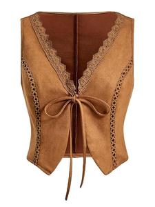 Women's Solid Color Lace Trim Suede Vest Jacket, Retro Fashion Casual Chic Lace Trim Fitted Tie Front Outerwear for Daily Outdoor Wear, Ladies Clothes for Spring & Fall, Going Out Tops, V Neck Sleeveless Vest, Adjustable Womenswear