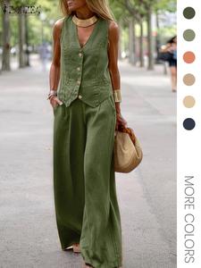 Women's Basic Solid Color Tanktop & Wide Leg Pants Set, Casual Minimalist Sleeveless V Neck Top & Trousers Cozy Set for Daily Wear, Ladies Clothes for All Seasons, Womenswear, Office Siren Outfits