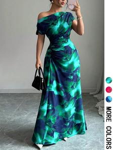 Women's Elegant Minimalist Print Asymmetrical Shoulder & Waist Ruched Dress