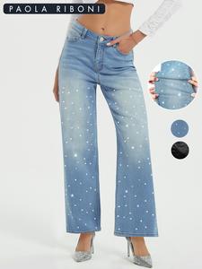 Women's Rhinestone Decor Patched High Waist Jeans, Fashion Casual Pocket Button Straight Leg Denim Trousers for Daily Outdoor Wear, Women Denim Pants for Fall & Winter