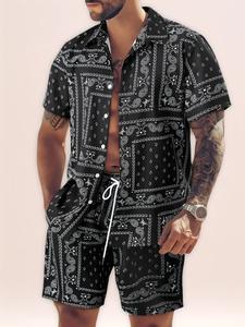 Men's All Over Print Short Sleeve Shirt & Shorts Two-piece Set, Casual Button Collar Top & Drawstring Waist Shorts, Men's Summer Clothes, Shortsleeve Menswear, Summer Outfit Set, Black Tropical Shorts Sets Outfits