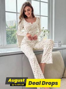 Two-piece Set Women's Ditsy Floral Print Lettuce Trim Pyjama, Casual Comfy Button Front Notched Neck Top & Elastic Waist Pants Pj Set, Women's Sleepwear for Spring & Fall