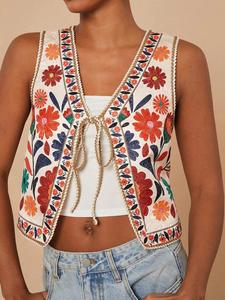 Women's Floral Print Tie Front Crop Tank Top, Boho Chic Sleeveless Fitted Casual Top for Summer, Ladies Clothes for Beach Vacation, Bohemian Womenswear, Clothes for Women, Boho Vintage Floral Top, Elegant Sleeveless Top