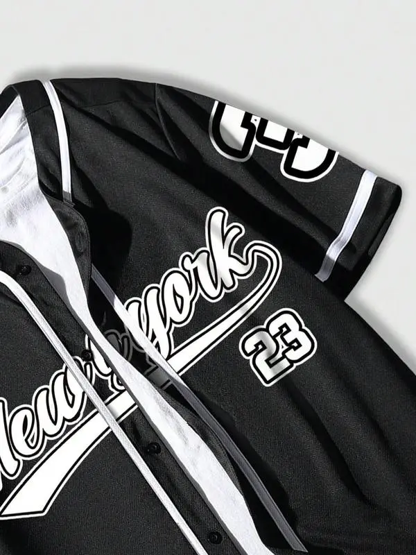Men's Letter Print Short Sleeve Baseball Jersey, Regular Fit Casual Street Open Front Outerwear for Summer, Men's Clothes for Daily Wear 4