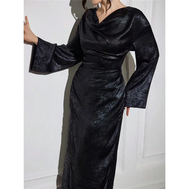 Guest Wedding Evening / Holiday / For Cover Length Full Dress Elegant Fitted Sleeve s tiktok Najma Women Long Graceful Draped Collar Arabian Style Modest Maxi Casual Daily Work / Parties 0