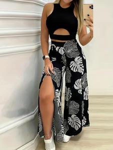 Women's Solid Crop Sleeveless Top & Leaf Print Wide Leg Pants Two-piece Set, Breathable Elegant Chic Fashion Casual Top & High Waist Trousers for Daily Outdoor Wear, Ladies Clothes for Summer, Womenswear