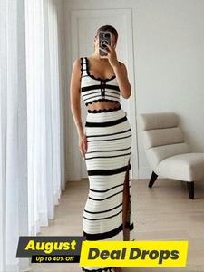 Two-piece Set Women's Striped Print Crop Knit Tank Top & Skirt, Breathable Elegant Chic Fashion Casual Hollow Out Knit Top & Skirt for Daily Outdoor Wear, Women's Knitwear for Summer, Clothes, Cute Summer Outfit