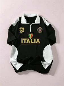 Men's Letter Print Shortsleeve Polo Shirt, Regular Fit Casual Street Retro Style Top for Summer, Black Men's Clothes for Daily Wear, Menswear, Stylish Streetwear Collared