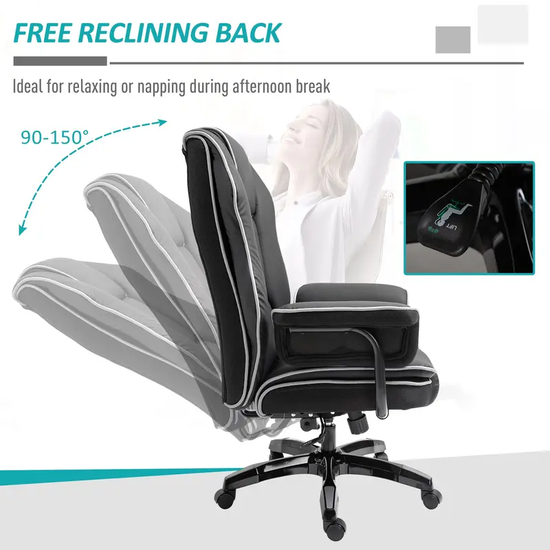 Vinsetto Piped PU Leather Padded High-Back Computer Office Gaming Chair Swivel Desk Seat Ergonomic Recliner w/ Armrests Adjustable Seat Height Black 4