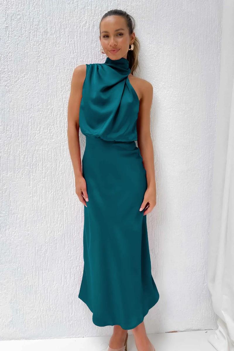 Product Introduction of 2025 Spring/Summer Long Dress for Women High Waist Halter Satin Sleeveless Dress Fashion Elegant Solid Evening Party Dresses 23