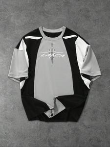 Men's Letter Print Colorblock Short Sleeve Tee, Regular Fit Casual Graphic Round Neck T-shirt for Summer, Men's Top for Daily Wear