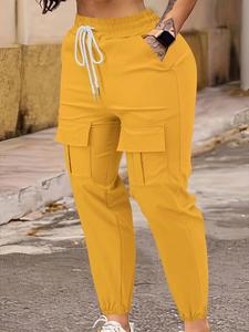 【Plus Size】 Solid Drawstring Waist Cargo Pants, Casual Pocket High Waist Jogger Pants for Daily Wear, Women's Bottoms for All Seasons