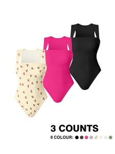 Women's Solid Ribbed Square Neck Shapewear Bodysuit, Casual Comfy Breathable Sleeveless Shaper for Daily Wear, Ladies Shapewear for All Seasons