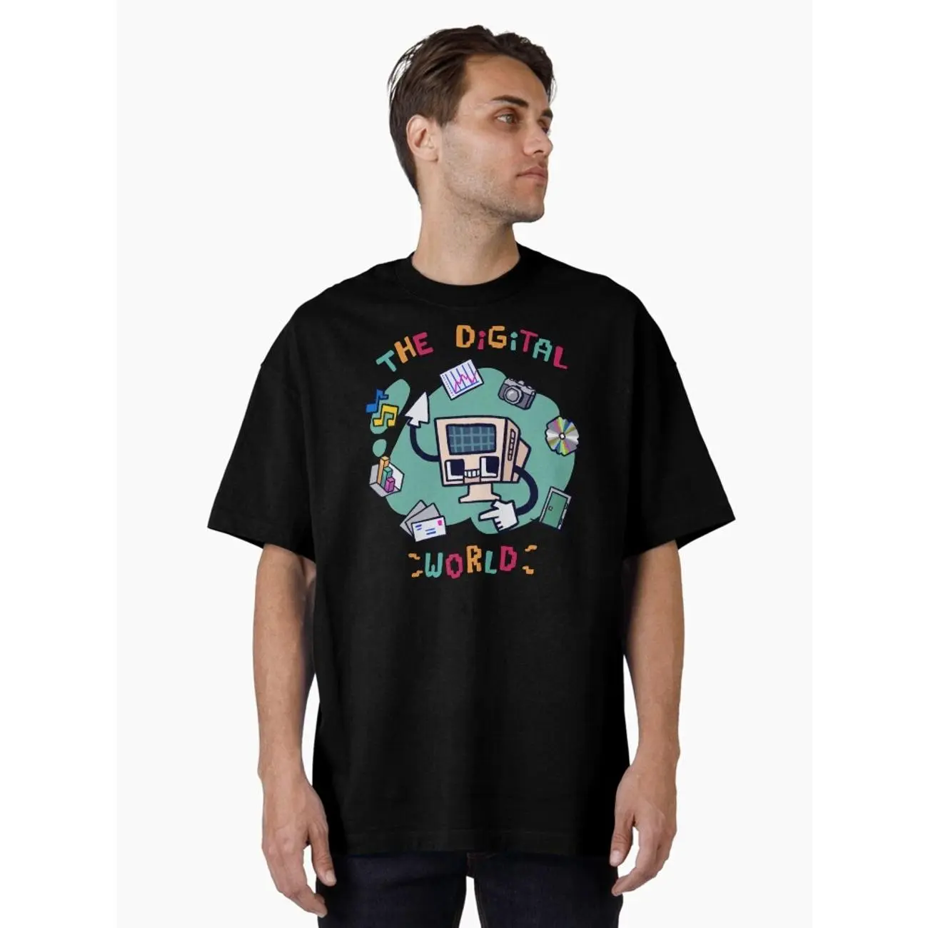 Digital World Cotton Oversized T-Shirt, Futuristic Graphic Tee, Gift for Tech Enthusiasts & Digital Culture Fans 5
