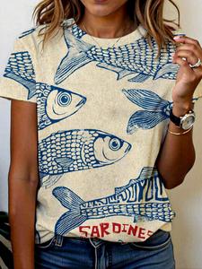 Women's Fish & Letter Print Round Neck Tee, Boho Casual Shortsleeve T-shirt for Summer, Ladies Casual Trendy Tee for Daily Wear, Top