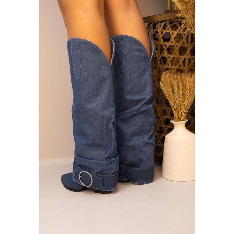 Denim Blue Fold Over Knee High Buckle Western Boots Girl Walking Shoes 3