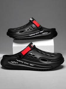 Summer 2025 Casual Letter Pattern Clogs for Men As Gift, Black Slipper Sandals, House Non Slip Slippers, Matching Breathable Comfortable Lightweight Slippers for Vacation, Beach Footwear, Trendy Boy Slippers for Indoor & Outdoor