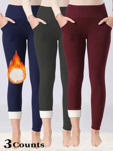 Women's Fall Winter High Waist Fleece Lined Leggings, Sporty Tight-Fitting Yoga Pants with Pockets, Warm Thick Woven Fabric