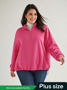 Plus Size Solid Drawstring Zipper Stand Collar Sweatshirt, Casual Long Sleeve Drop Shoulder Top for Fall & Winter, Sweatshirt for Women, Plus Size Women's Clothing, Women's Clothes for Daily Wear