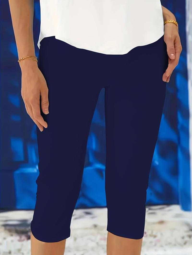 Product Introduction of Plus Size Solid Skinny Capris Leggings, Women's Casual Crop For Spring & Summer 15