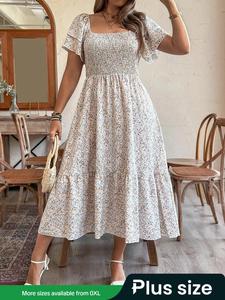 【Plus Size】 All Over Floral Print Ruffle Hem Dress, Boho Fashion Casual Short Sleeve Dress for Summer Daily Holiday Vacation Wear, Women Plus Clothing for All Seasons, Plus Size Dresses, Womenswear