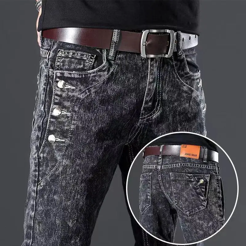 Classic Slim Vintage Fashion Men's Designer Jeans Snowflake Grey Wash Korean Fashion Stretch Pants Multi-button Denim Trousers 0