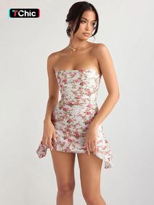 Women's Floral Print Ruched Asymmetrical Hem Tube Dress, Boho Casual Comfort Sleeveless Bandeau Bodycon Mini Dress for Beach Holiday Vacation Casual Wear, Lady Summer Clothes, Dresses for Women, Summer Dresses