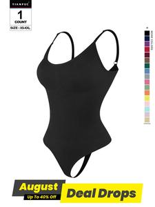 Women's Solid Adjustable Strap Seamless Shapewear Bodysuit, Tummy Control Butt Lifting Shaper, Women's Shapewear for Daily Wear, Black