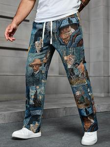 Men's All Over Print Straight Leg Pants, Casual Comfy Breathable Drawstring Waist Trousers for Daily Wear, Men's Bottoms for All Seasons, Printed Pants, Cartoon Print Pants