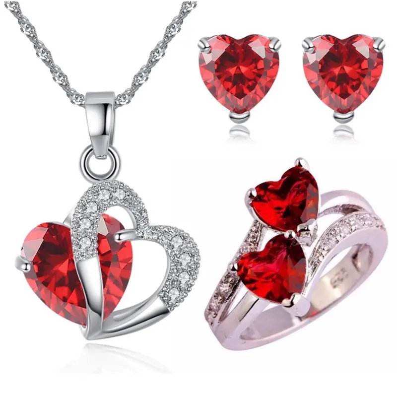 Ruby Red Crystal Heart Three Piece Set for Women