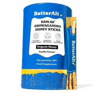BetterAlt KSM-66 Ashwagandha Honey Sticks | Organic Multiflora Himalayan Honey | Helps Promote Relaxation, Focus | 1-Month Food Supplement